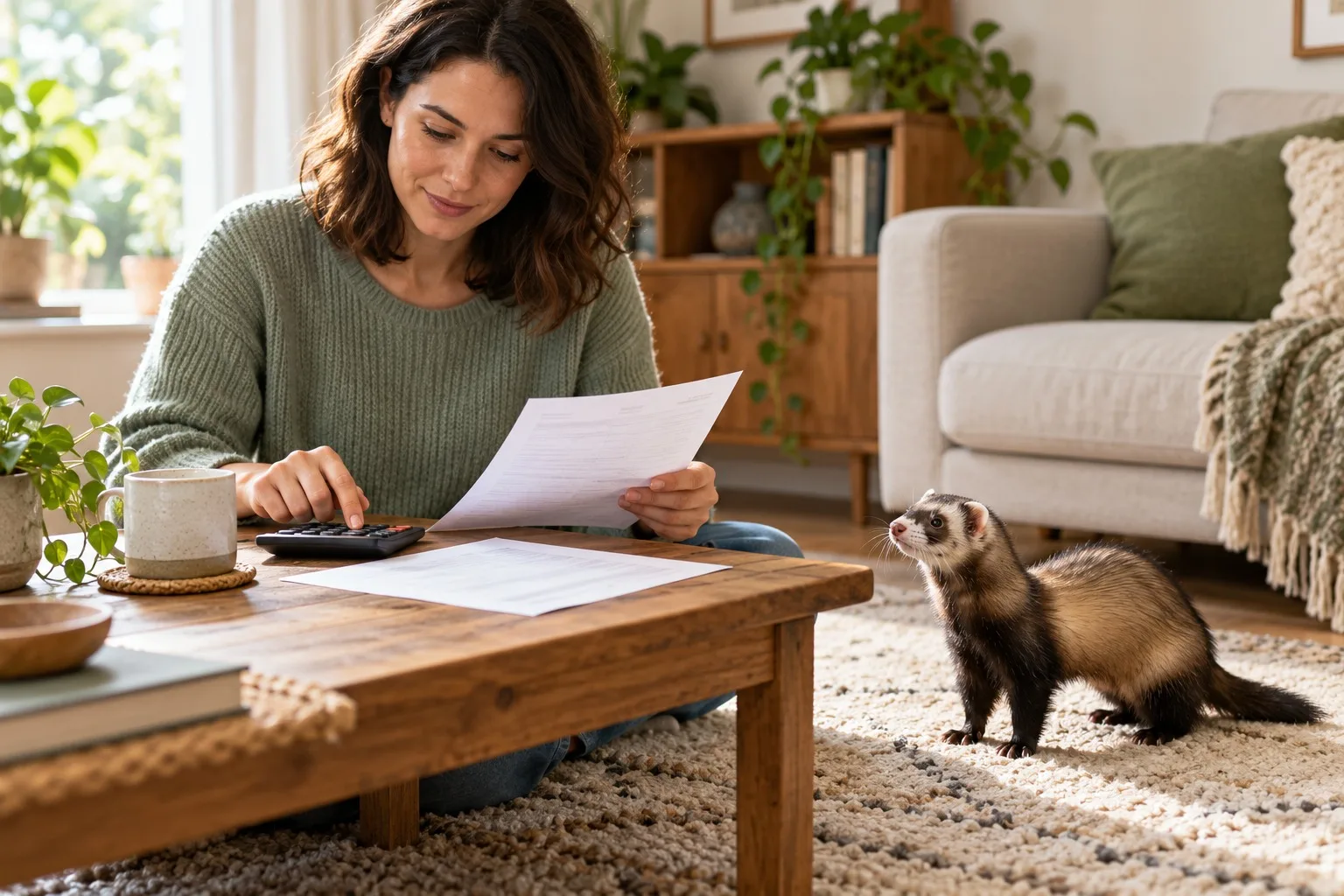 Owner reviewing papers and a calculator beside a ferret on a rug